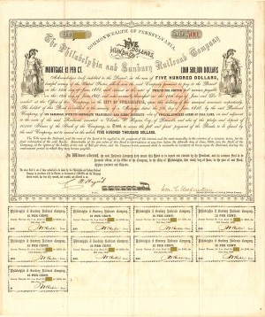 Philadelphia and Sunbury Railroad Co. - Pennsylvania $500 (Uncanceled) Bond